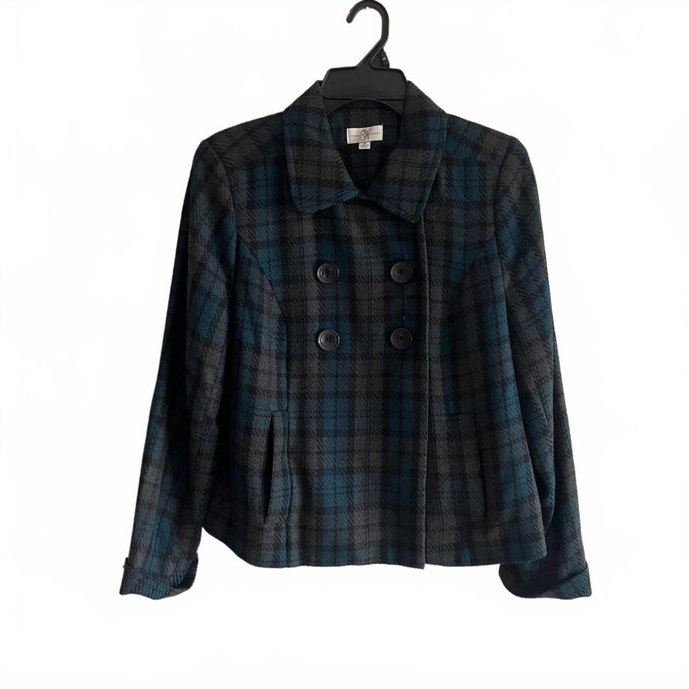 Studio Works Womens Teal Grey Plaid Double Breasted Pea Coat Jacket Size 12